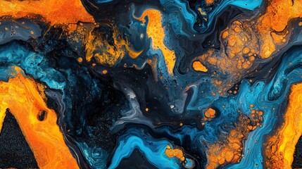 Poster - Abstract Fluid Art Featuring Acidic Orange and Blue Swirls, Vibrant Color Combinations Creating Dynamic Visual Appeal and Artistic Expression