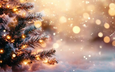 Poster - A cozy winter scene featuring a beautifully lit Christmas tree surrounded by soft snow and shimmering bokeh lights.