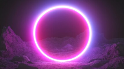 Poster - A vibrant neon circle glowing in an otherworldly landscape with purple and pink hues, creating a surreal atmosphere.