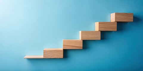 Aufkleber - Ascending Wooden Blocks on a Blue Background A Conceptual Image of Growth and Progress