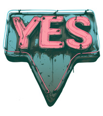 Poster - vibrant neon sign displaying word YES with retro design and glowing pink and blue colors, isolated on transparency background