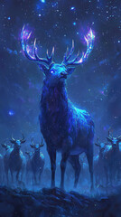 Wall Mural - majestic azure stag with glowing antlers stands under starry sky