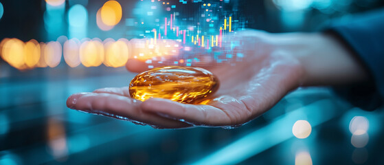 Poster - hand holds glowing amber object with holographic financial graph above it, symbolizing technology and finance