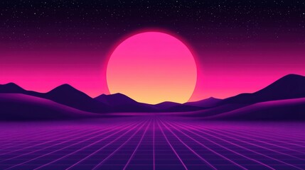 Poster - Vibrant sunset over abstract mountains with neon colors and grid landscape, evoking retro futurism and tranquility.