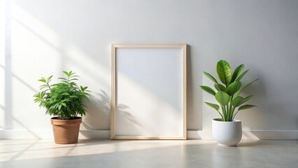 Poster - Empty light wood frame mockup with potted plants and sunlit wall