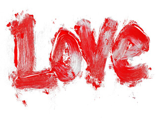 Aufkleber - Love painted with expressive wide brushstrokes in vibrant red and white, set against transparency background, creating bold and emotional visual impact