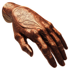 Poster - copper hand with intricate embossed patterns is isolated on transparency background, showcasing detailed craftsmanship and artistic design