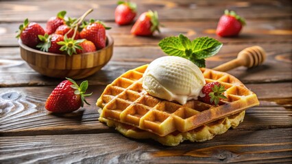 Poster - A delightful dessert of golden waffles topped with a scoop of creamy vanilla ice cream and fresh strawberries, garnished with a sprig of mint, served on a rustic wooden table.