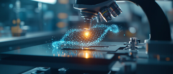 Aufkleber - glowing DNA hologram under microscope in laboratory setting, showcasing advanced technology and scientific innovation. dynamic camera angle highlights intricate details of holographic display