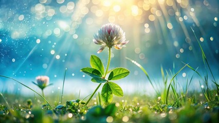 Aufkleber - A single clover flower basks in the sunlight amidst a field of vibrant green grass, glistening with morning dew.