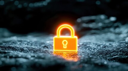 Poster - A bright orange neon padlock glowing in a dark and mysterious environment, symbolizing security and protection.