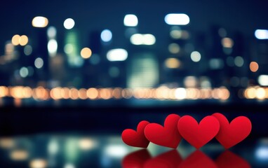 Poster - A romantic scene with red hearts against a beautifully blurred city skyline, perfect for love-themed projects.