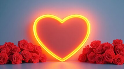 Poster - Glowing neon heart surrounded by vibrant red roses, perfect for romantic themes and love celebrations.