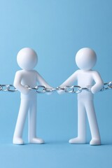 Poster - Two figurines holding a chain symbolizing connection and teamwork on a blue background. Perfect for themes.