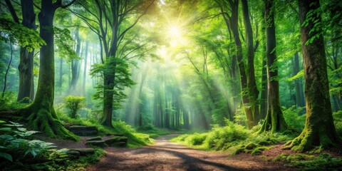 Poster - Sunlit Path Through a Mystical, Moss-Covered Forest with Sunlight Streaming Through the Canopy
