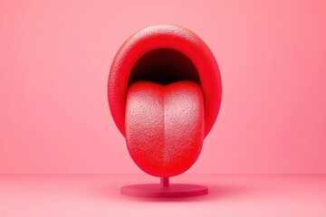 Poster - A vibrant red sculpture of a tongue, set against a soft pink background, creating a playful and artistic visual.