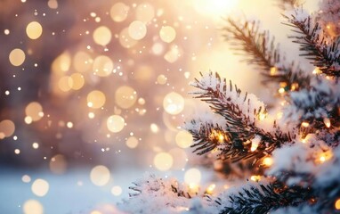 Poster - A beautifully lit Christmas tree adorned with snow and glowing lights, creating a magical winter atmosphere.