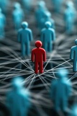 Poster - A single red figure stands out in a network of blue figures, symbolizing uniqueness and connection in a digital world.