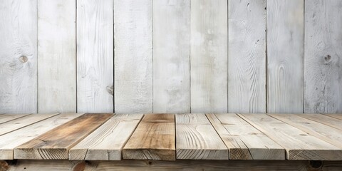 Poster - Rustic wooden table top with weathered white wood background ideal for product display or design mockup