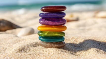 Sticker - Colorful pebbles arranged in a stack on sandy beach, representing balance and tranquility in nature.