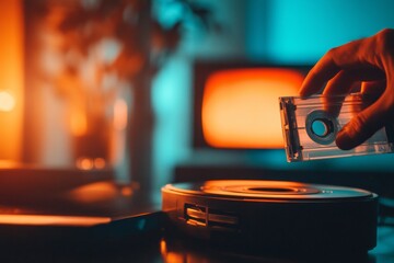 Poster - A close-up of a hand inserting a VHS tape into a player, with the TV screen glowing in the background