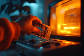 Poster - A close-up of a hand inserting a VHS tape into a player, with the TV screen glowing in the background