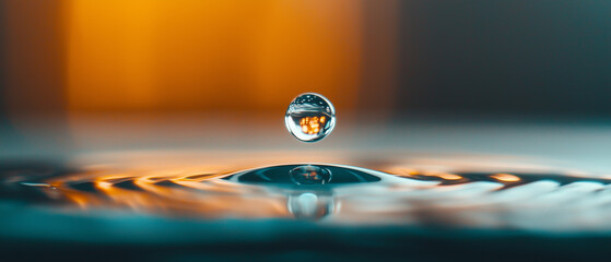 Aufkleber - mesmerizing macro shot captures single droplet suspended above rippling water surface, reflecting warm orange and cool blue tones
