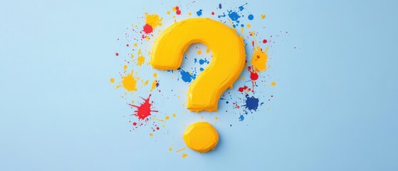 Sticker - Vibrant yellow question mark against a pastel background, surrounded by colorful splashes, symbolizing curiosity and inquiry.