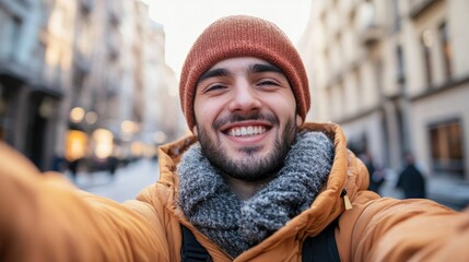 smiling young man taking selfie outdoors in casual winter attire with blurred urban background