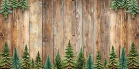 Poster - Rustic Wooden Background with Evergreen Trees Arranged in a Border for Holiday or Nature Themes