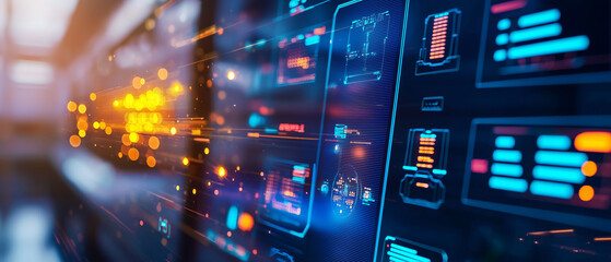 Poster - futuristic energy control room with glowing digital interfaces and data displays, showcasing advanced technology and innovation in vibrant, dynamic environment