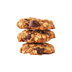 Poster - Three delicious oatmeal cookies stacked on transparency background, featuring visible oats and chocolate chunks, perfect for sweet treat