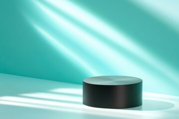 Poster - Minimalist black pedestal on a turquoise backdrop with soft light creating a serene and modern atmosphere.