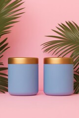 Sticker - Stylish blue jars with gold lids against a pink background, complemented by tropical green leaves for a vibrant look.