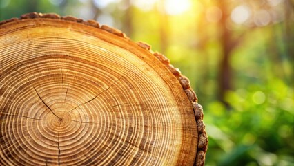 Aufkleber - A Detailed Close-Up of a Tree Stump's Annual Rings, Basking in Warm Sunlight Within a Lush Forest Setting