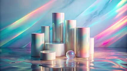 Poster - Iridescent Cylinders and Sphere on Reflective Surface with Holographic Lighting