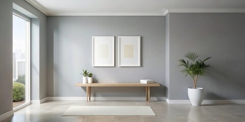 Poster - Modern Minimalist Interior Design Light Grey Walls, Wooden Bench, and Potted Plants