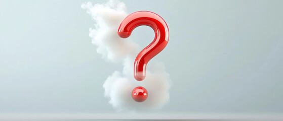 Poster - A vibrant red question mark surrounded by soft clouds, symbolizing curiosity and inquiry in a minimalist design.