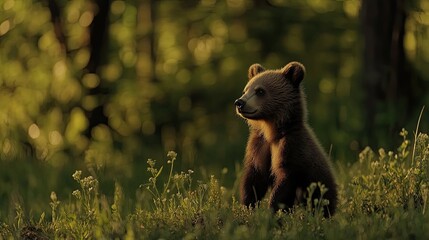 Wall Mural - brown bear cub in forest at sunset, wildlife, nature