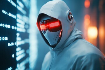 Aufkleber - A cyberpunk-inspired vampire with glowing neon veins and red eyes, standing in a dark alley lit by holographic billboards and flickering neon lights