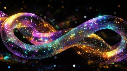 Poster - a bioluminescent chain, glowing in neon blue, purple, green, and orange colors on a black background