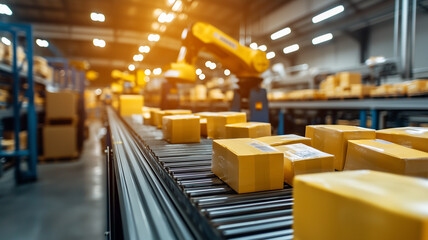 Poster - wide angle shot of warehouse with automated conveyor systems efficiently moving packages under bright lighting