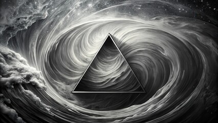 Poster - Abstract Monochrome Vortex with Triangular Frame, a Cosmic Swirl of Grayscale Textures
