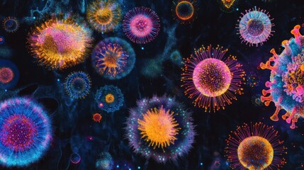 Fototapete - Magnified view of colorful viruses showcasing intricate structures in a vibrant scientific visualization. Generative AI