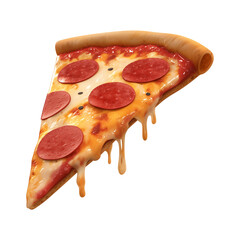 Poster - 3D cartoon pepperoni pizza slice with melted cheese and dripping sauce isolated transparency background. slice features crispy crust and vibrant toppings, creating delicious and appetizing look
