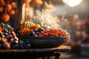 Poster - A detailed 3D illustration of a vegetable cart in a market, with realistic textures and dynamic lighting highlighting the fresh produce