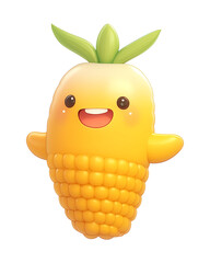 Poster - cute cartoon corn on cob with smiling face and green leaves, isolated on transparency background, exuding cheerful and playful vibe