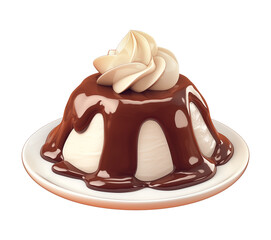 Aufkleber - cute 3D cartoon chocolate lava cake with creamy topping on white plate, isolated on transparency background. dessert looks delicious and inviting