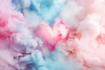 Fototapete - A dreamy watercolor depiction of a glowing heart floating in a pastel sky, surrounded by fluffy clouds and soft light