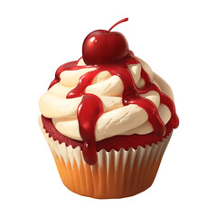 Aufkleber - cute cartoon red velvet cupcake with creamy frosting and cherry on top, isolated on transparency background, looks delicious and inviting